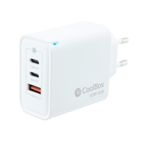 Cargador Pared/viaje 3.0 Gan 2xusb-c/pd + Usb-a 65w Blanco Coolbox