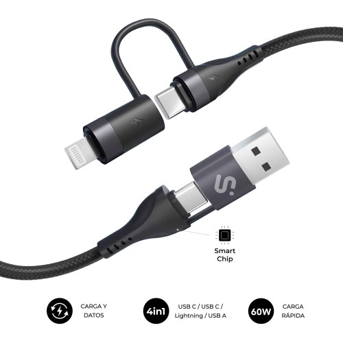 SUBBLIM 4 in 1 60W USB-A/USB-C/Lightning Cable 1m Black