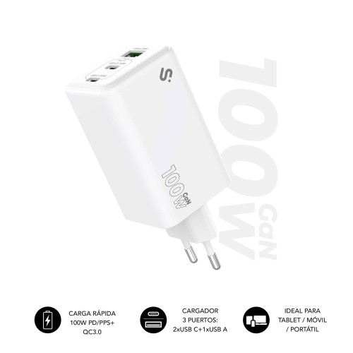 Cargador Pared/Viaje 2xUSB-C + USB/A GaN 100W PD Blanco Subblim