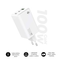 Cargador Pared/Viaje 2xUSB-C + USB/A GaN 100W PD Blanco Subblim