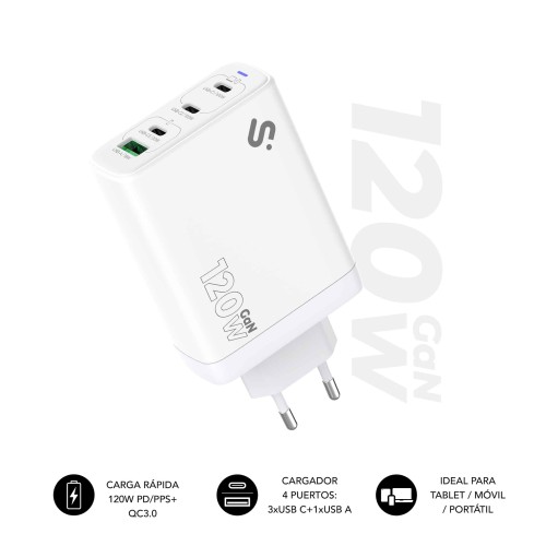 Cargador Pared/Viaje 3xUSB-C + USB/A GaN 120W PD Blanco Subblim