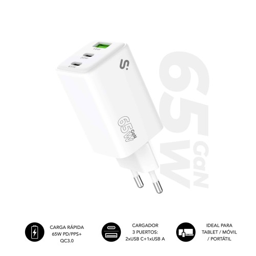 Cargador Pared Viaje 2xUSB-C + USB-A GaN 65W PD Blanco